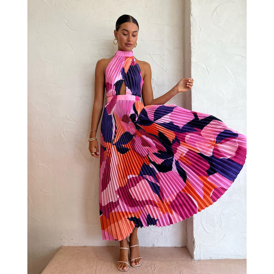 Colorful Crystal Pleated Halter Dress