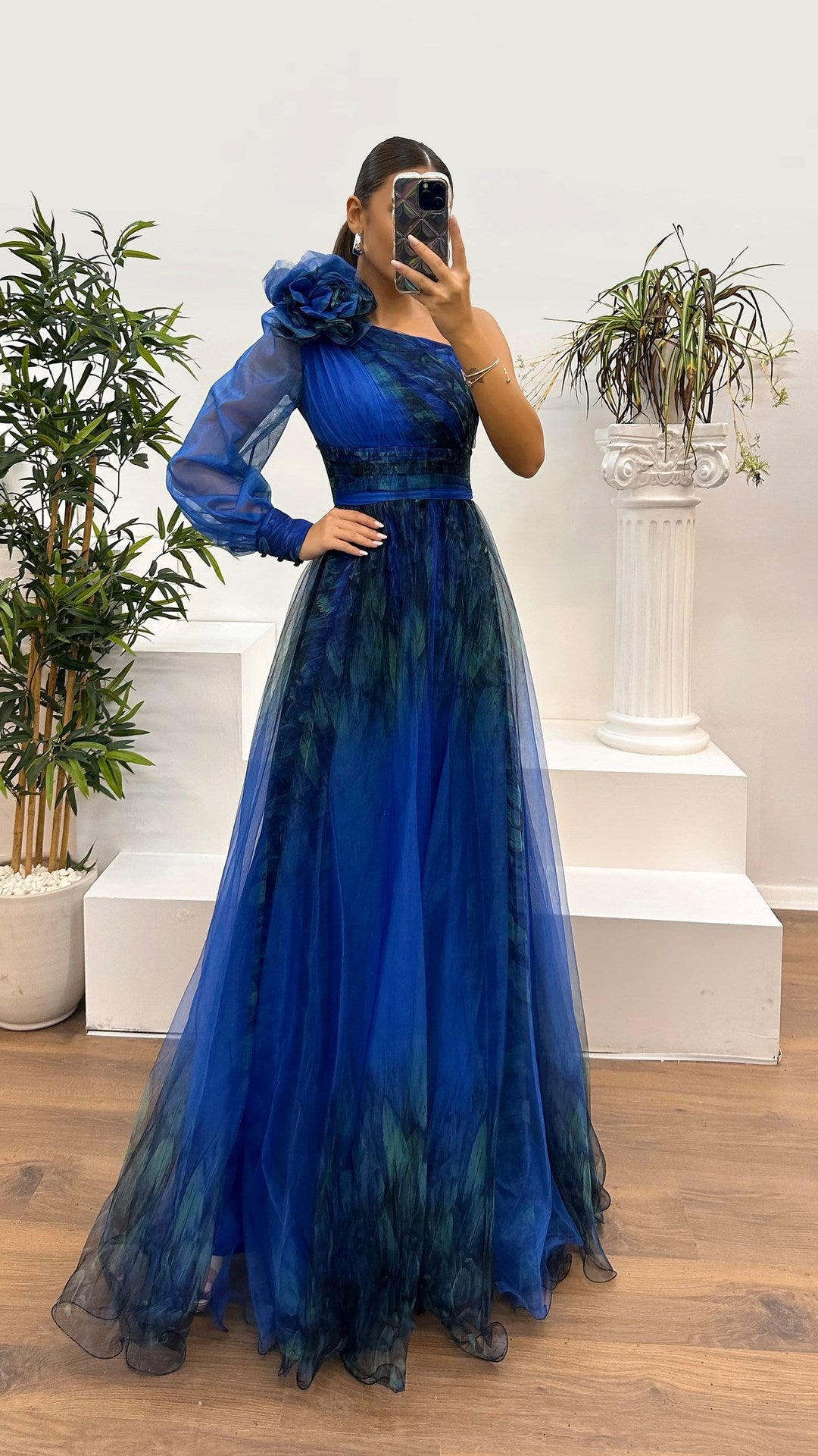 One Shoulder Tulle Floral Print Dress with slit