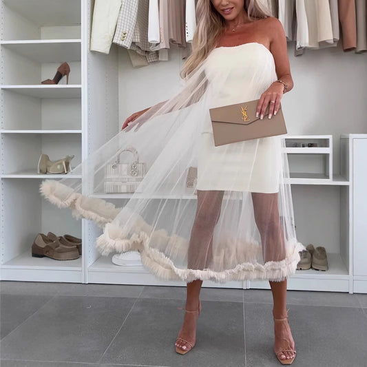 White Strapless  Dress with tulle overlay and ruffle hem
