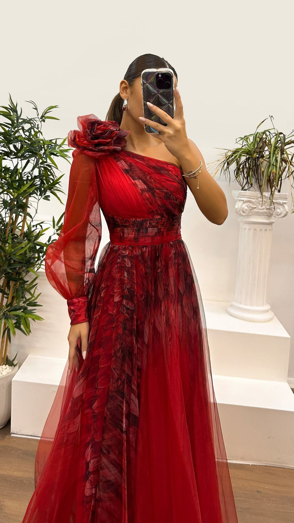 One Shoulder Tulle Floral Print Dress with slit