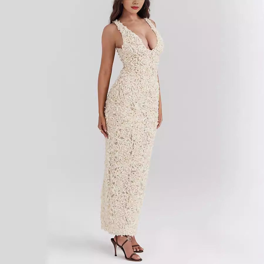 Textured plunge Ivory Dress