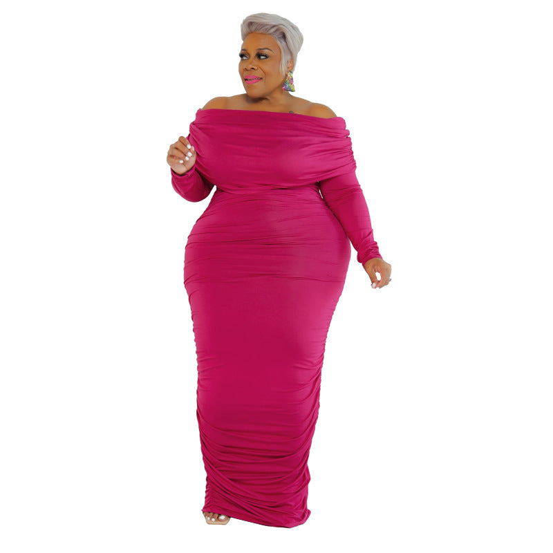 Plus Size Winter Solid Color Off Neck Sexy Women Dress