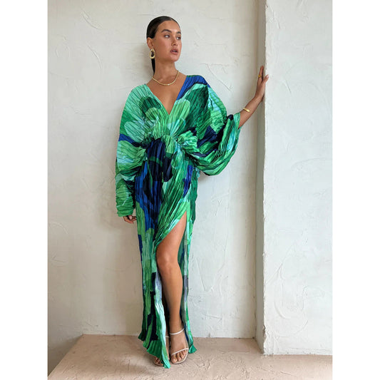 Green and Blue V-neck Batwing Dress w/ Slit