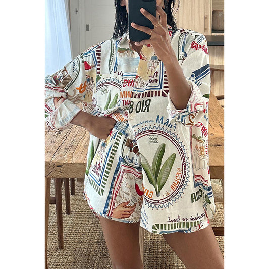 Long Sleeve Print Button Down Shirt and Short Set