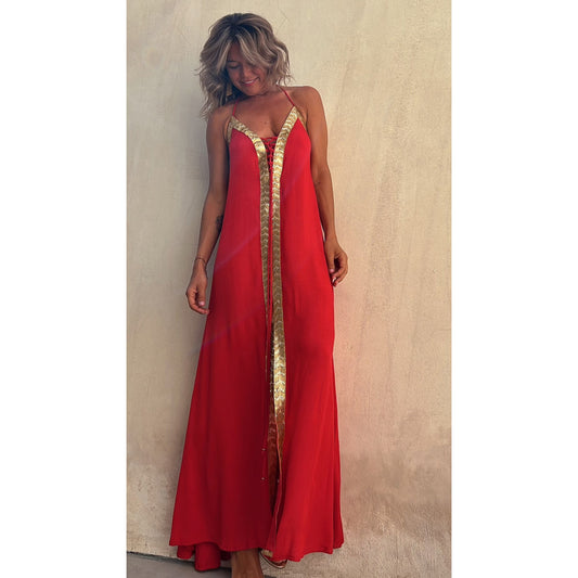 Red Halterneck Dress With Gold Trim