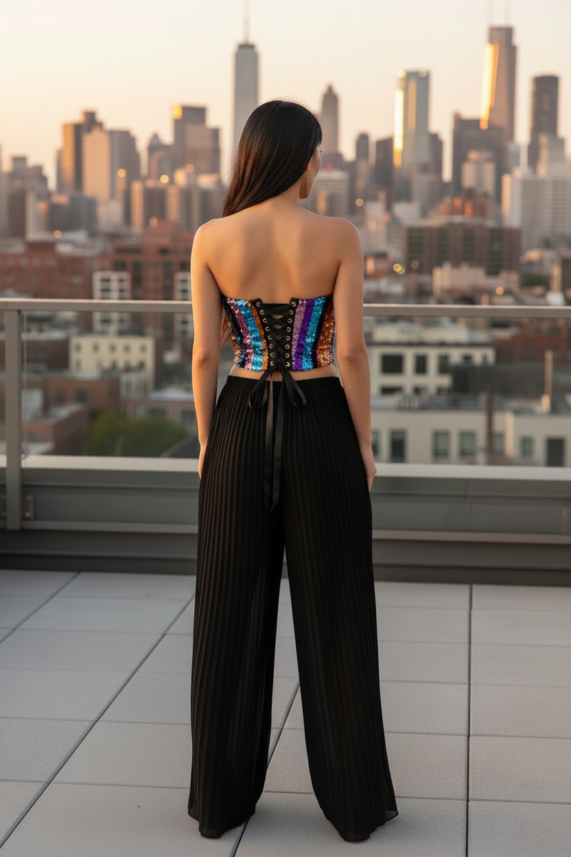 Alexia Strapless Sequin Corset Top - Back View, Matte Chiffon Pants