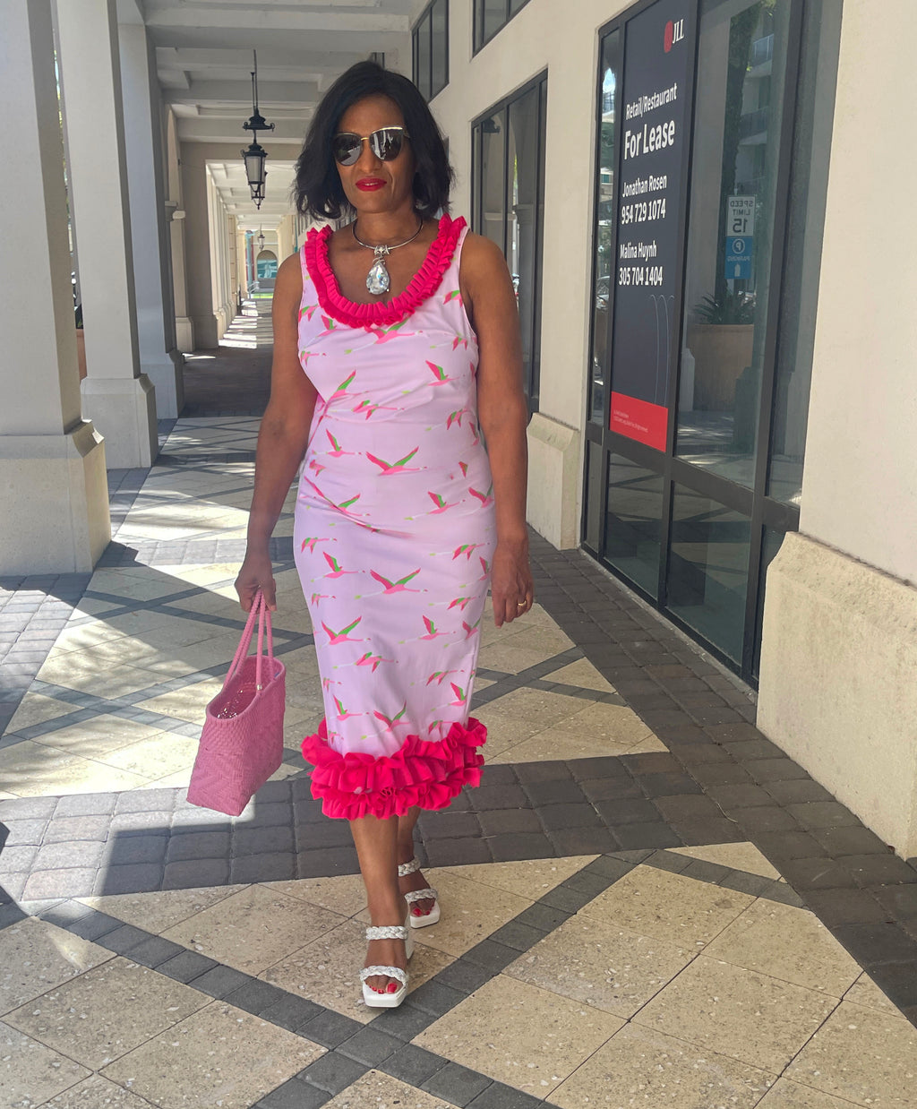 Bird Print Cut-Out Ruffle Dress