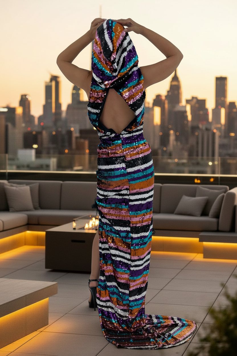 Hi-Low Hooded Sequin Dress - Back View Editorial from 3rd Photo
