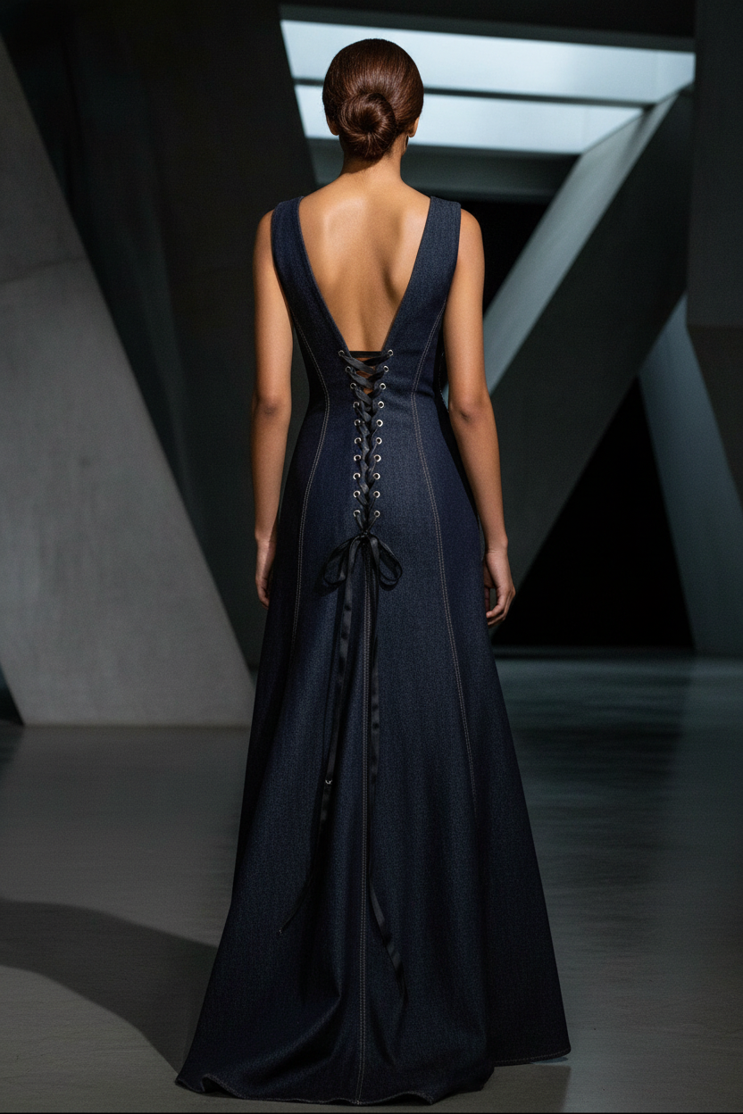 Plunge into the Blue Denim Gown - Back Plunge with Corset Closure