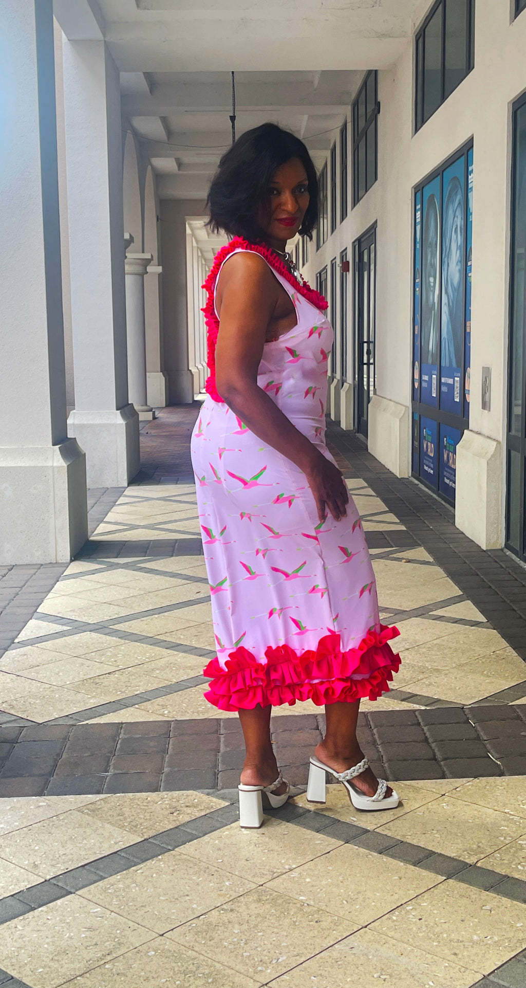 Bird Print Cut-Out Ruffle Dress