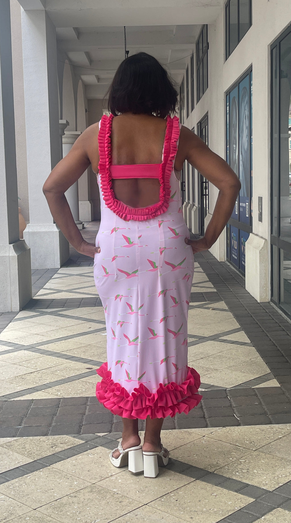 Bird Print Cut-Out Ruffle Dress