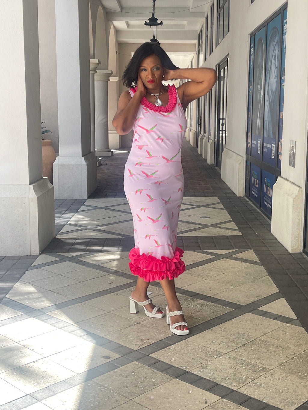 Bird Print Cut-Out Ruffle Dress