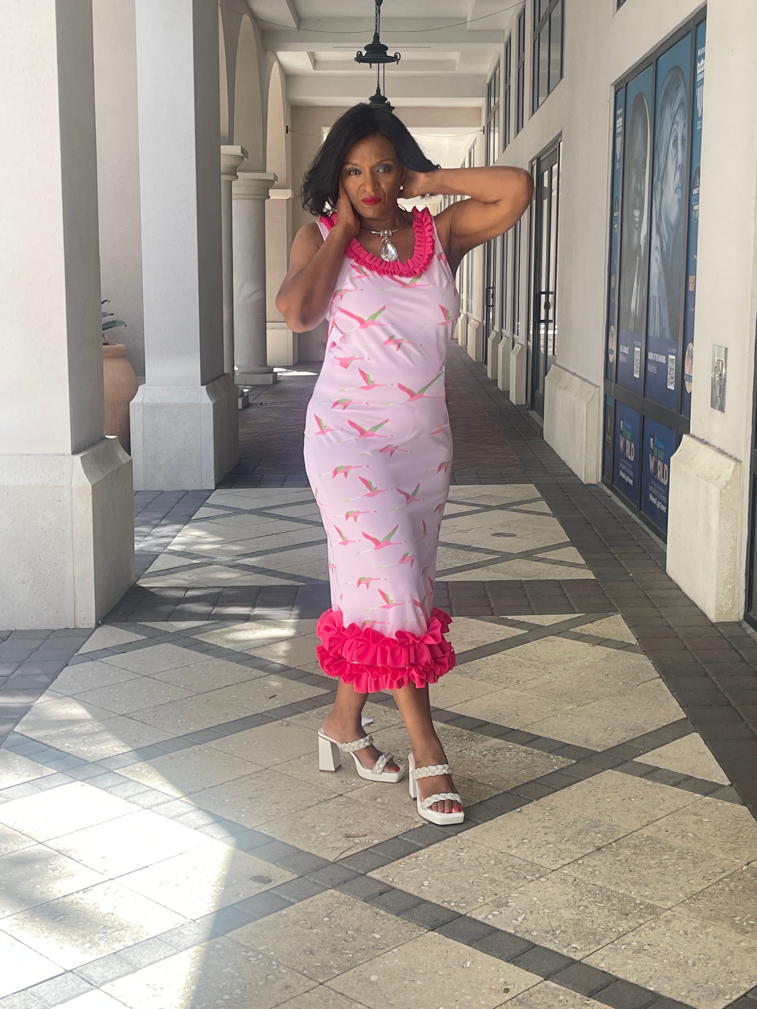 Bird Print Cut-Out Ruffle Dress