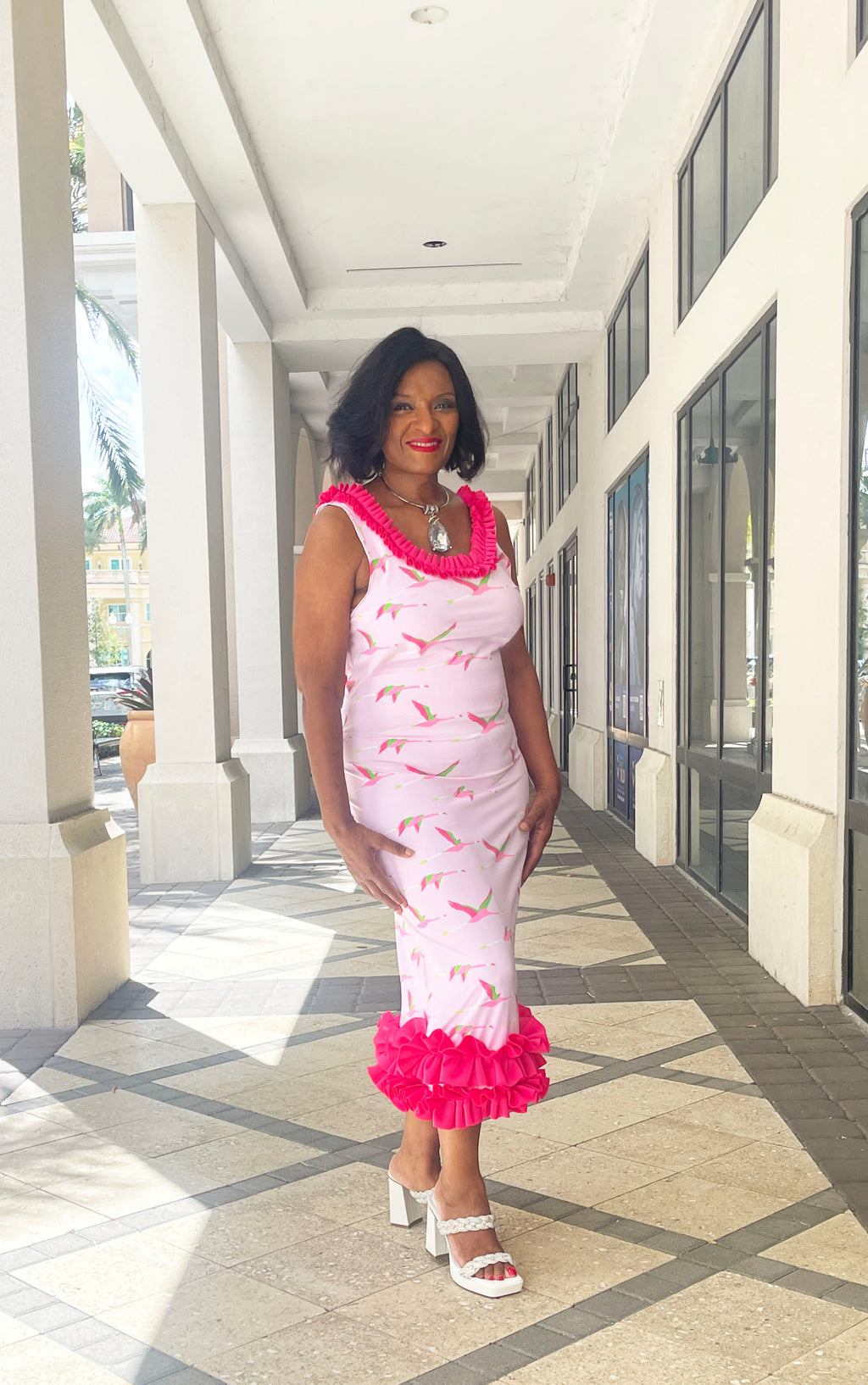 Bird Print Cut-Out Ruffle Dress