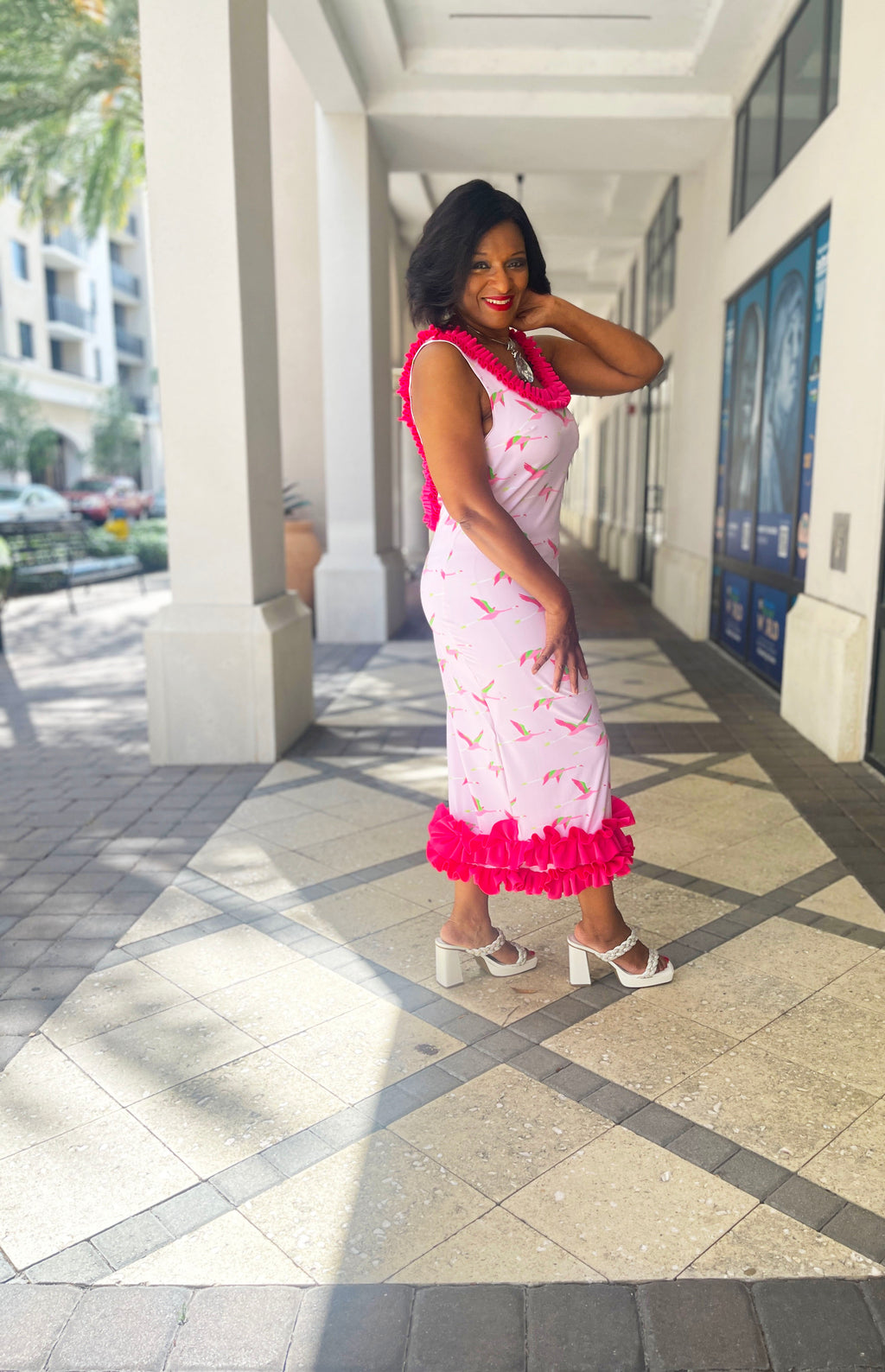 Bird Print Cut-Out Ruffle Dress