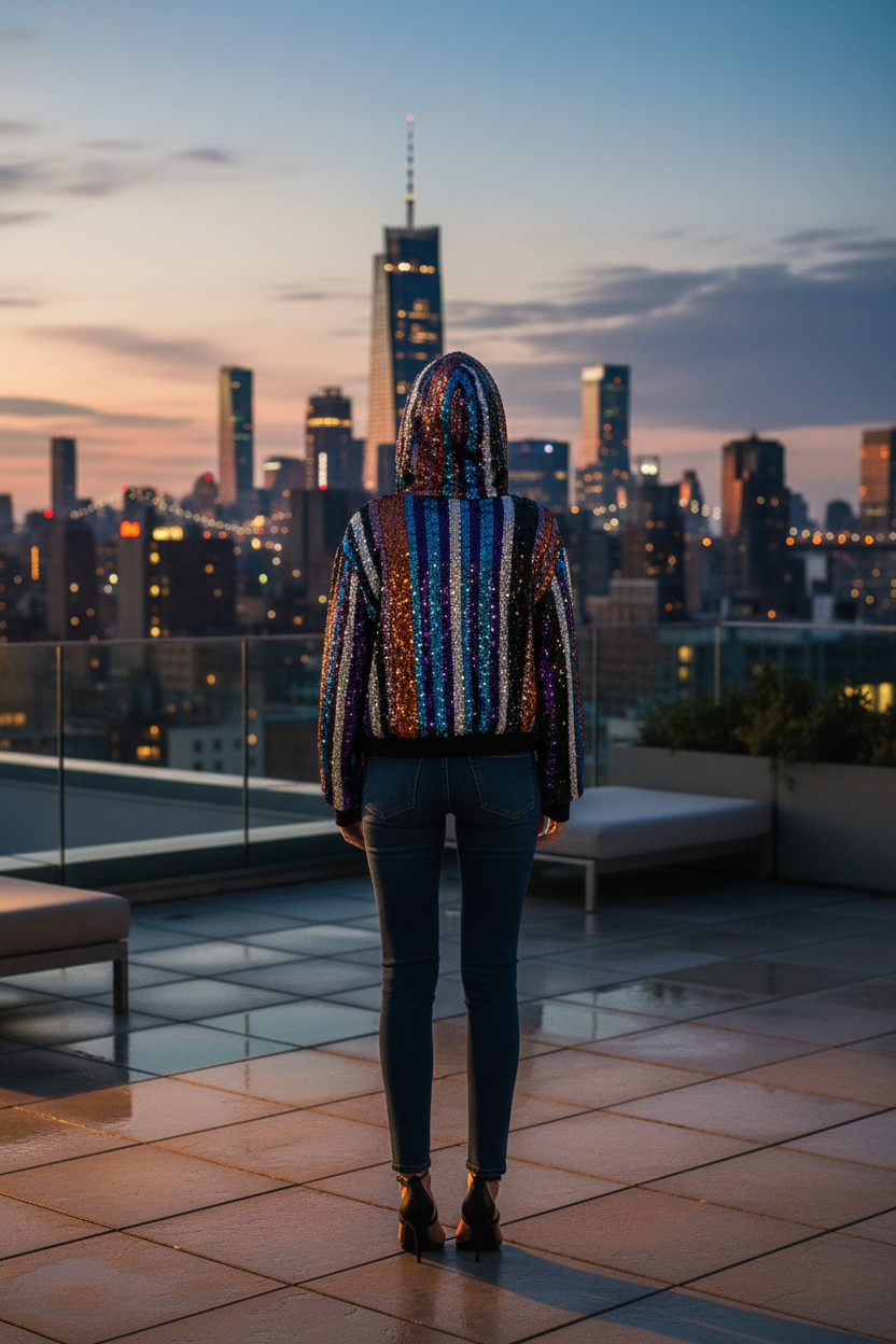 Sequin Bomber Hoodie - Back Editorial NYC Rooftop