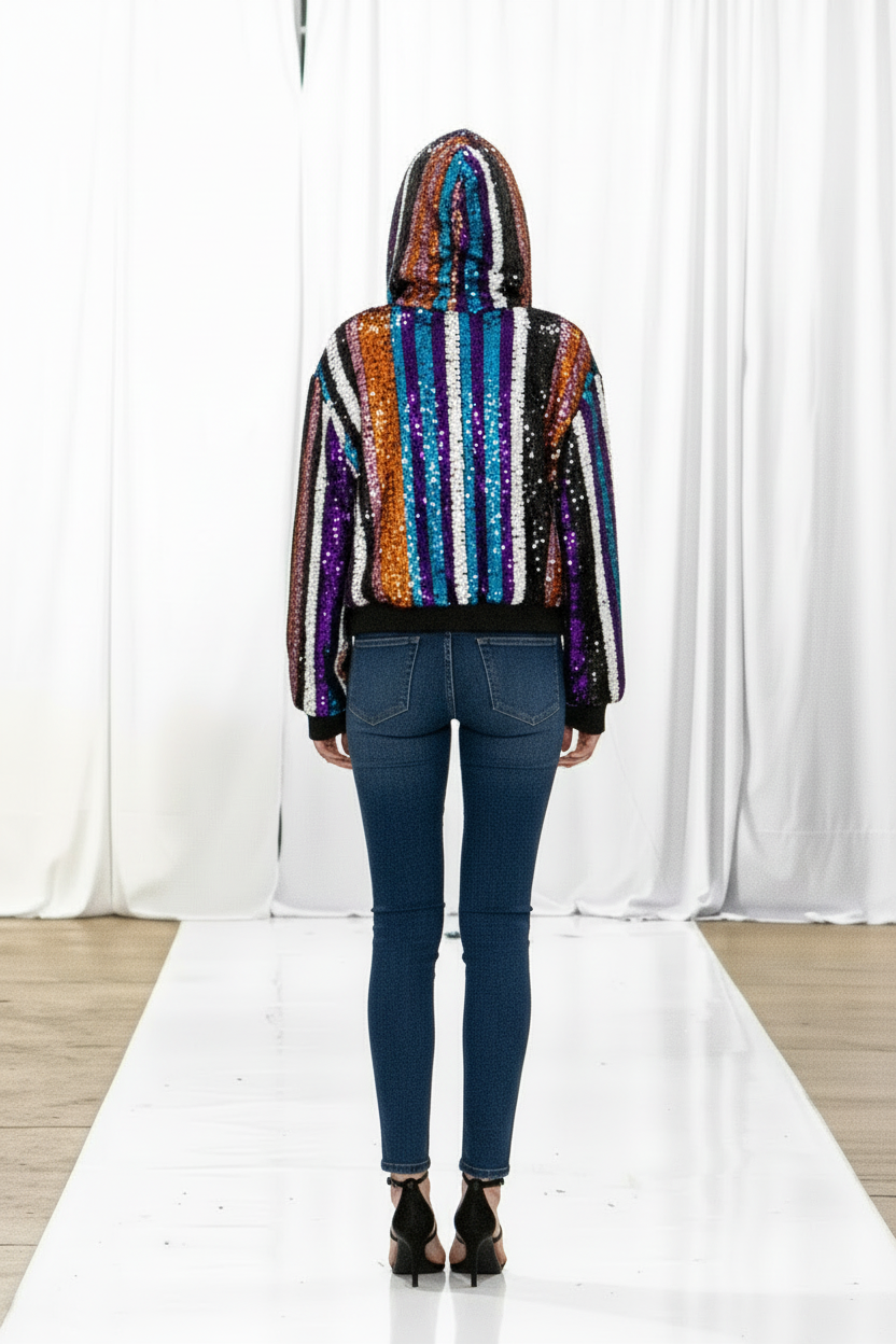 Sequin Bomber Hoodie - Back View Hood Up