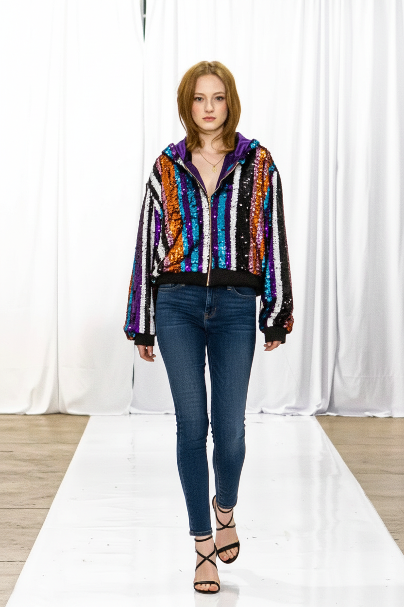 Sequin Bomber Hoodie - Styled with Skinny Jeans and Heels