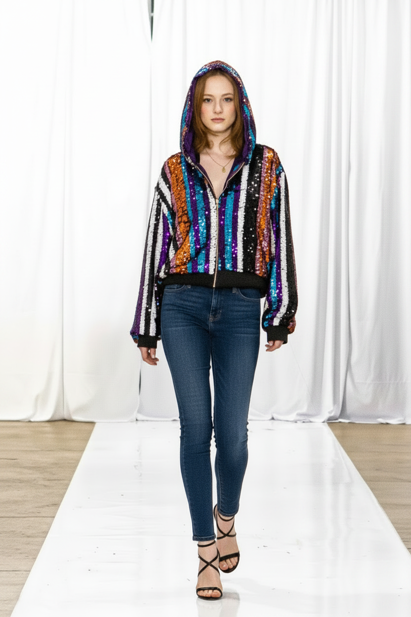 Sequin Bomber Hoodie Up - Skinny Jeans and Heels