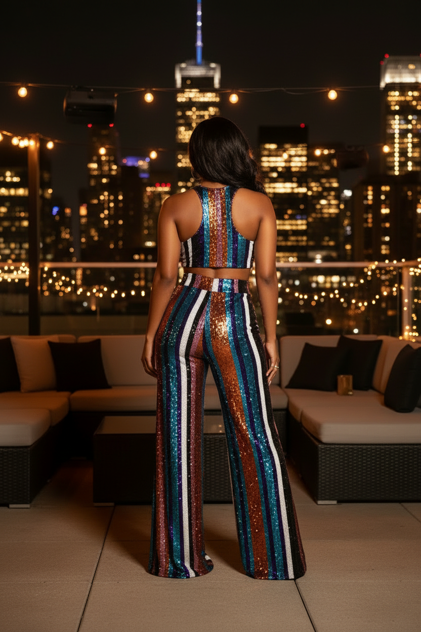 Sequin Palazzo Trouser Back View - NYC Rooftop