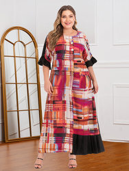 Printed Contrast Color Pocket Dress Long Skirt