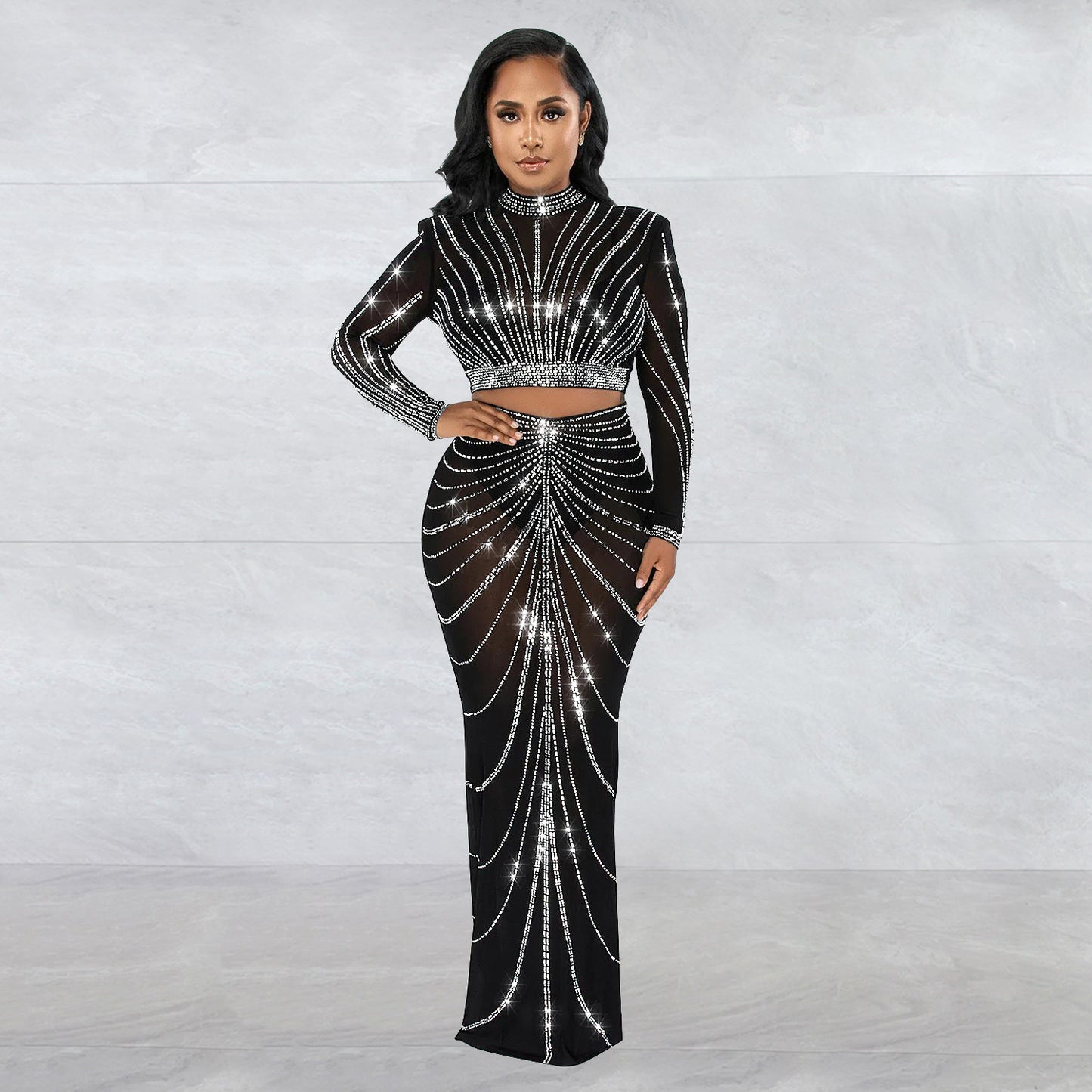 Women Wear Mesh Drilling See through Long Sleeve Dress Two Piece Set