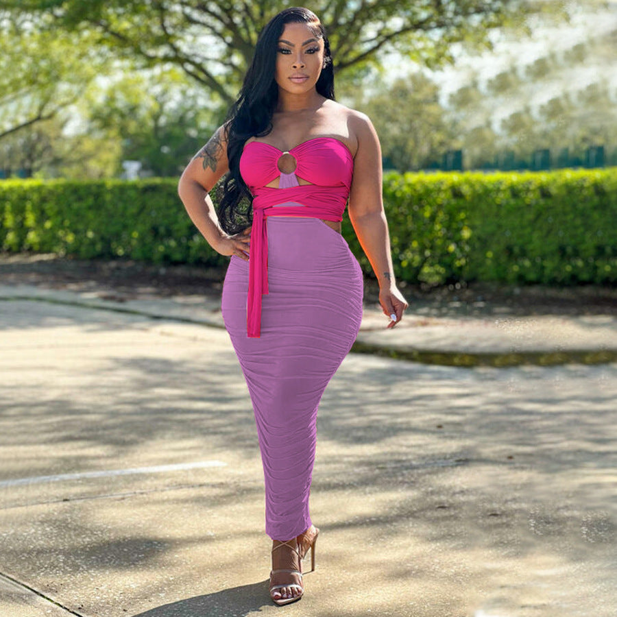 Women Clothing Summer Popular Pleated Hip Irregular Asymmetric Contrasting-Color Dress