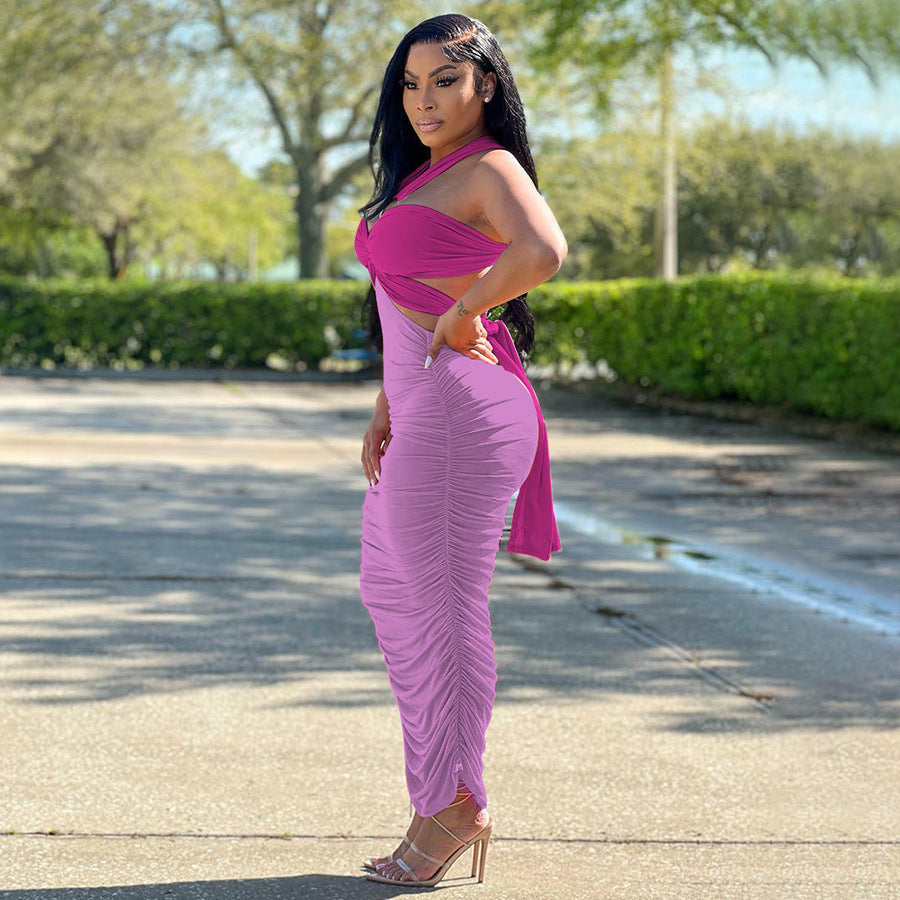 Women Clothing Summer Popular Pleated Hip Irregular Asymmetric Contrasting-Color Dress