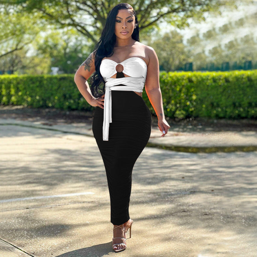 Women Clothing Summer Popular Pleated Hip Irregular Asymmetric Contrasting-Color Dress