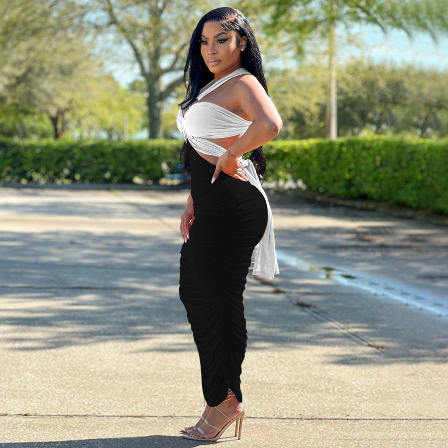 Women Clothing Summer Popular Pleated Hip Irregular Asymmetric Contrasting-Color Dress