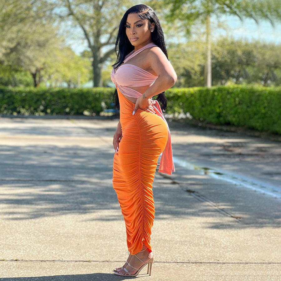 Women Clothing Summer Popular Pleated Hip Irregular Asymmetric Contrasting-Color Dress