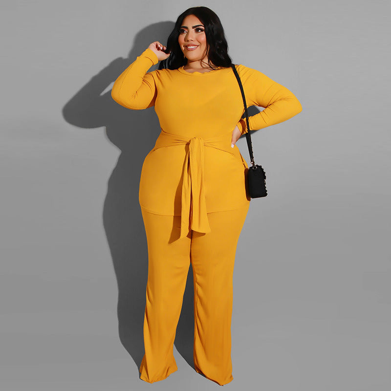 Plus Size Pure Color Knitted Casual Two-Piece Suit  Women Suit