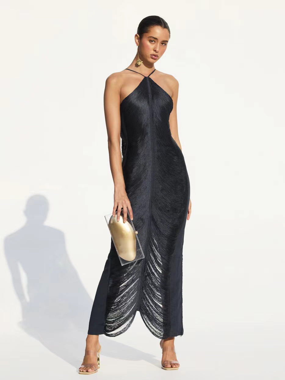 Tassel Back Slit Halter Dress