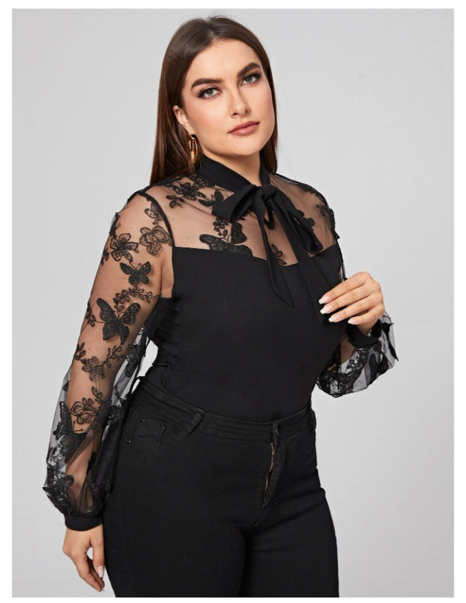 Plus Size Autumn Winter  Women Clothes Solid Color Mesh Stitching Long Sleeves Lace-up  Shirt