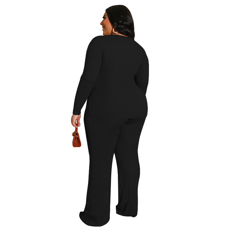 Plus Size Pure Color Knitted Casual Two-Piece Suit  Women Suit