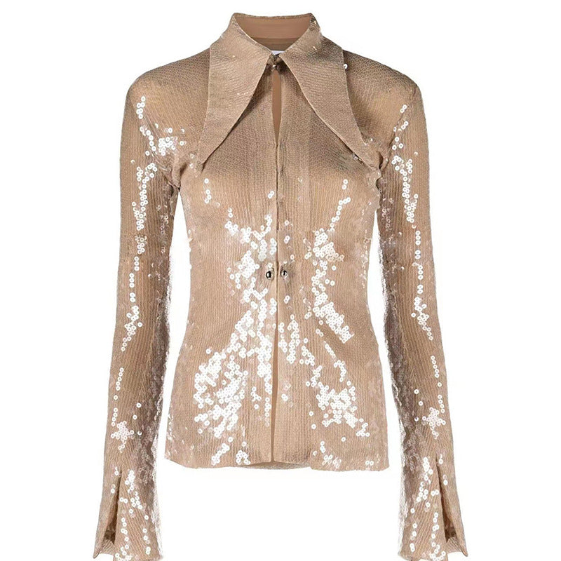 Side Slit Bell Sleeve Sequin Glitter Button down Shirt