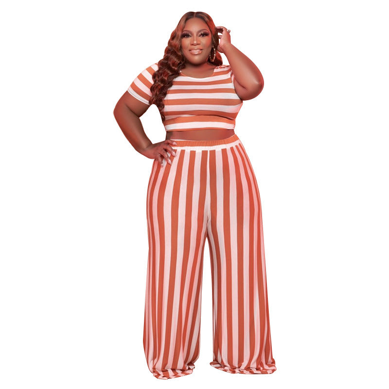 Striped Street Casual Suit Plus Size Women Two-Piece Suit