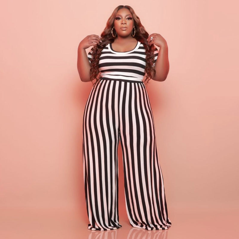 Striped Street Casual Suit Plus Size Women Two-Piece Suit
