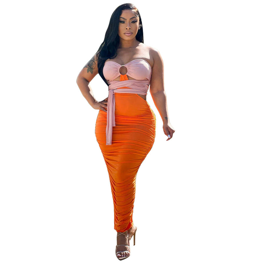 Women Clothing Summer Popular Pleated Hip Irregular Asymmetric Contrasting-Color Dress