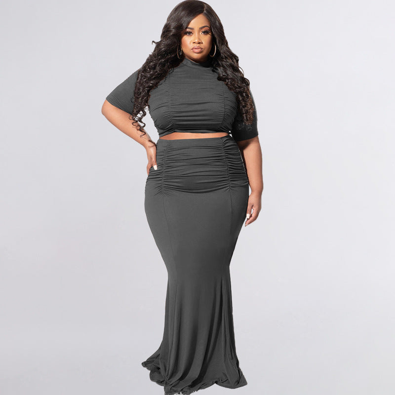 Plus Size Solid Color Short Sleeve Casual Two-Piece Suit  Women Suit