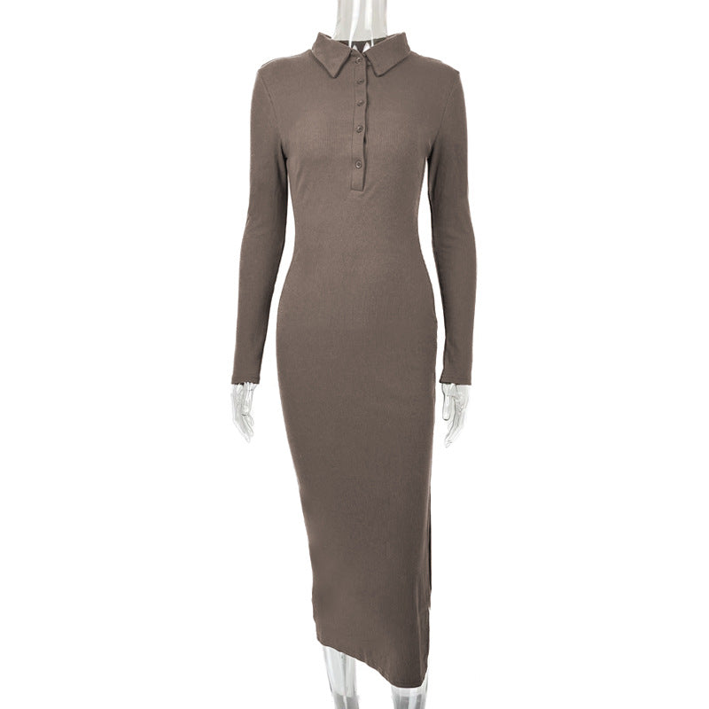 Trendy Autumn Winter Women  Sexy Slim Polo Collar Rib Slit Dress