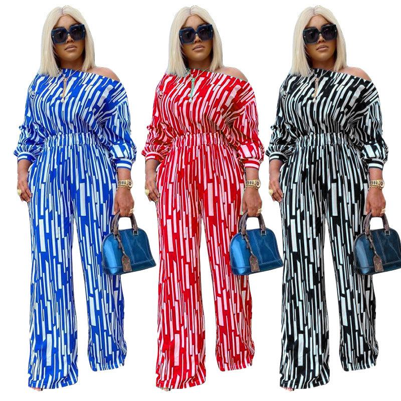 Plus Size Popular  Women Clothing Striped Printed Oblique Long Sleeve Shoulder Width Loose Casual Set Women