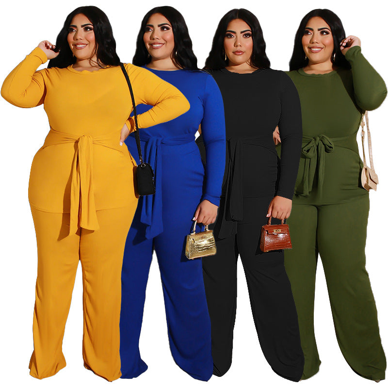 Plus Size Pure Color Knitted Casual Two-Piece Suit  Women Suit