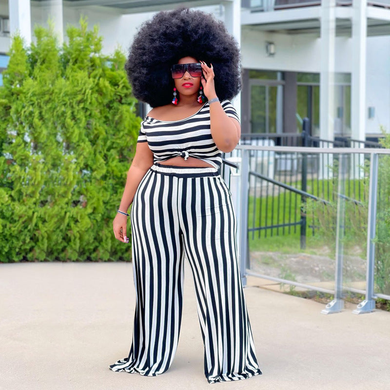 Striped Street Casual Suit Plus Size Women Two-Piece Suit