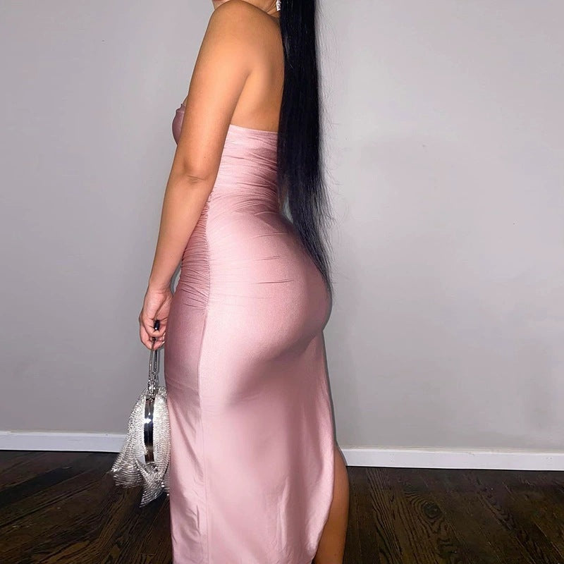 Summer Women Clothing Spaghetti Straps Chest Wrap Slit Sheath  Sexy Slim Pleated Dress