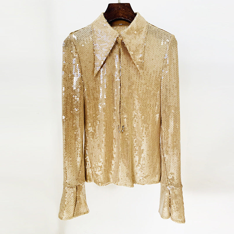 Side Slit Bell Sleeve Sequin Glitter Button down Shirt