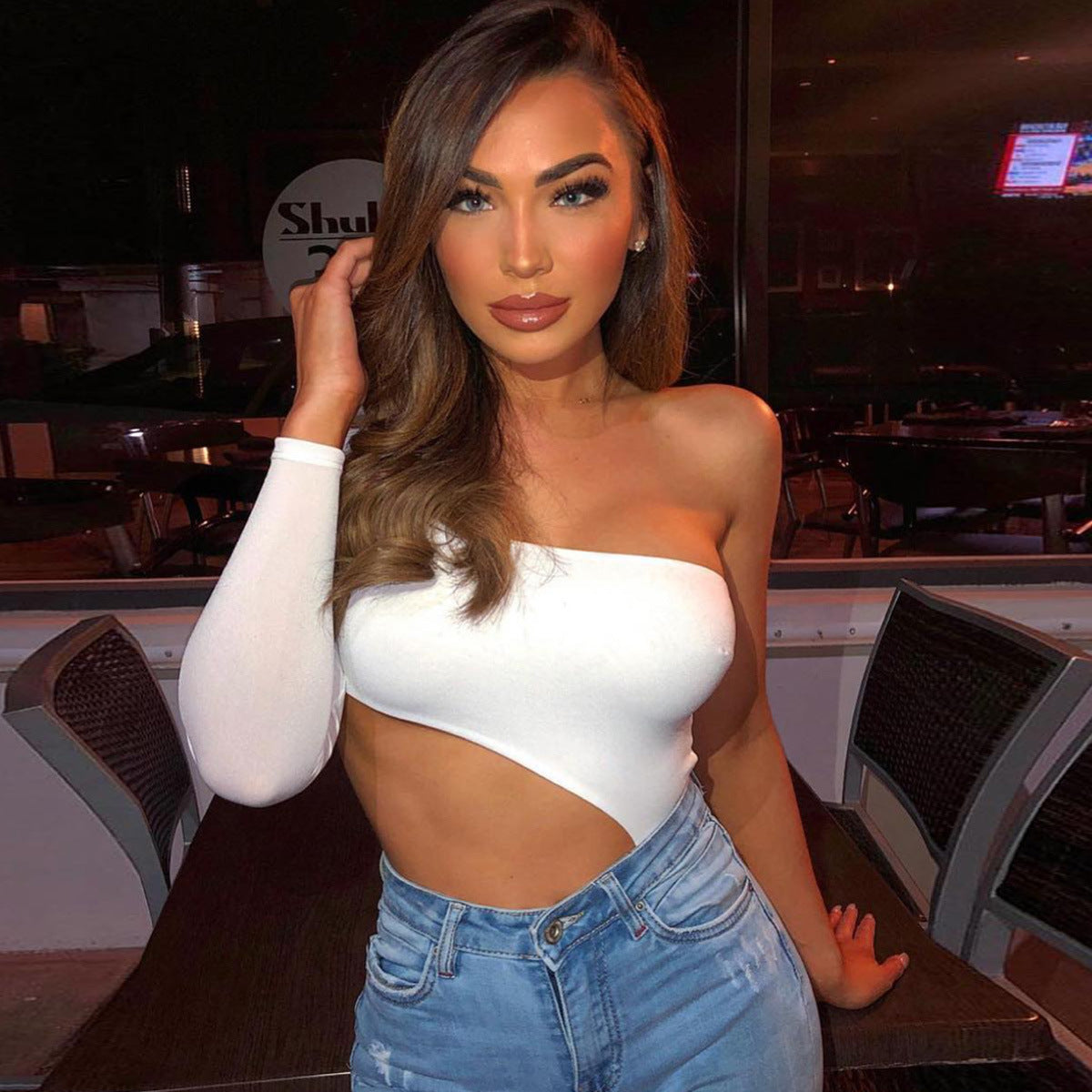 Sexy Wear Solid Color Black White Single Sleeve Shoulder Sexy Women Clothing Sexy Evening Clothing for Women