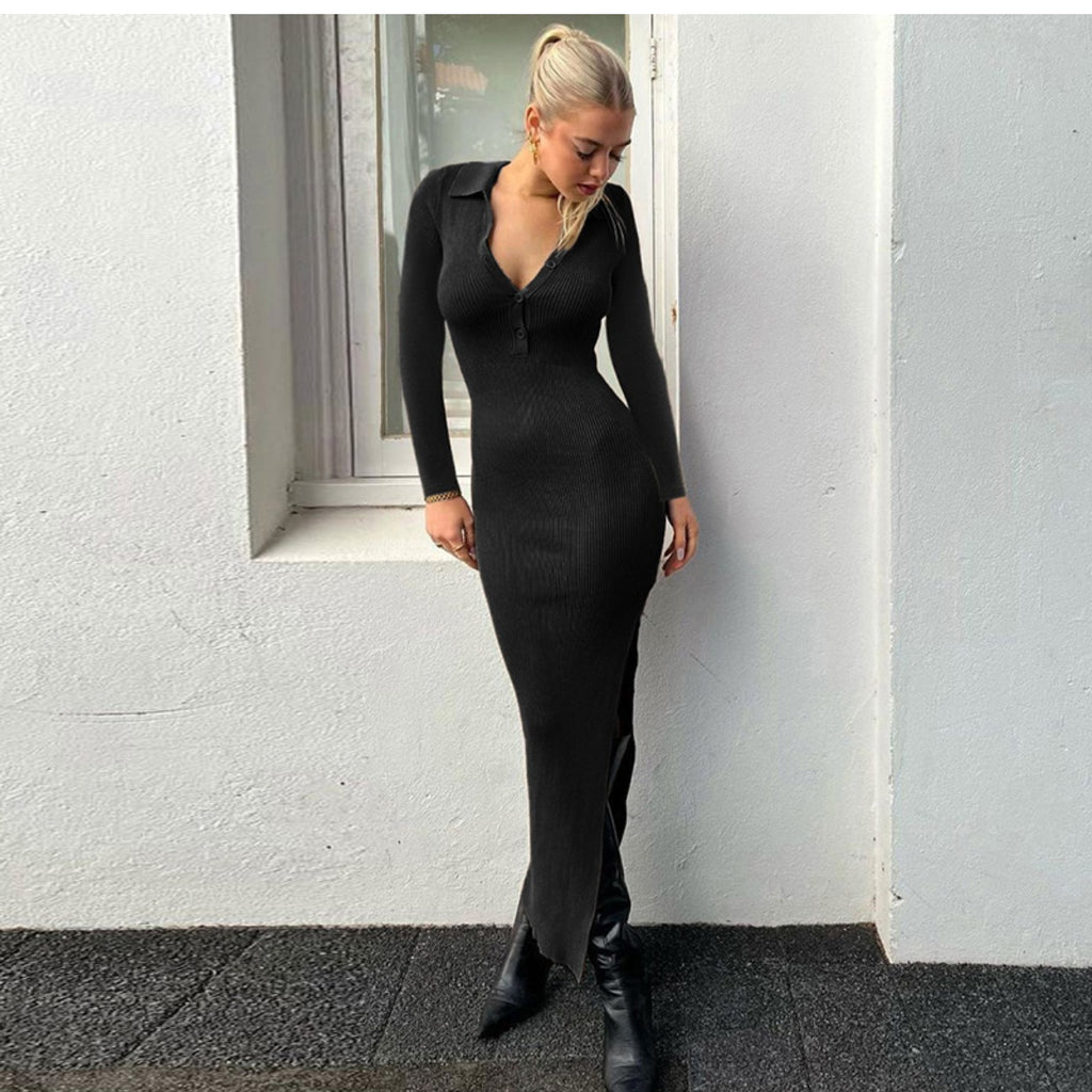 Trendy Autumn Winter Women  Sexy Slim Polo Collar Rib Slit Dress