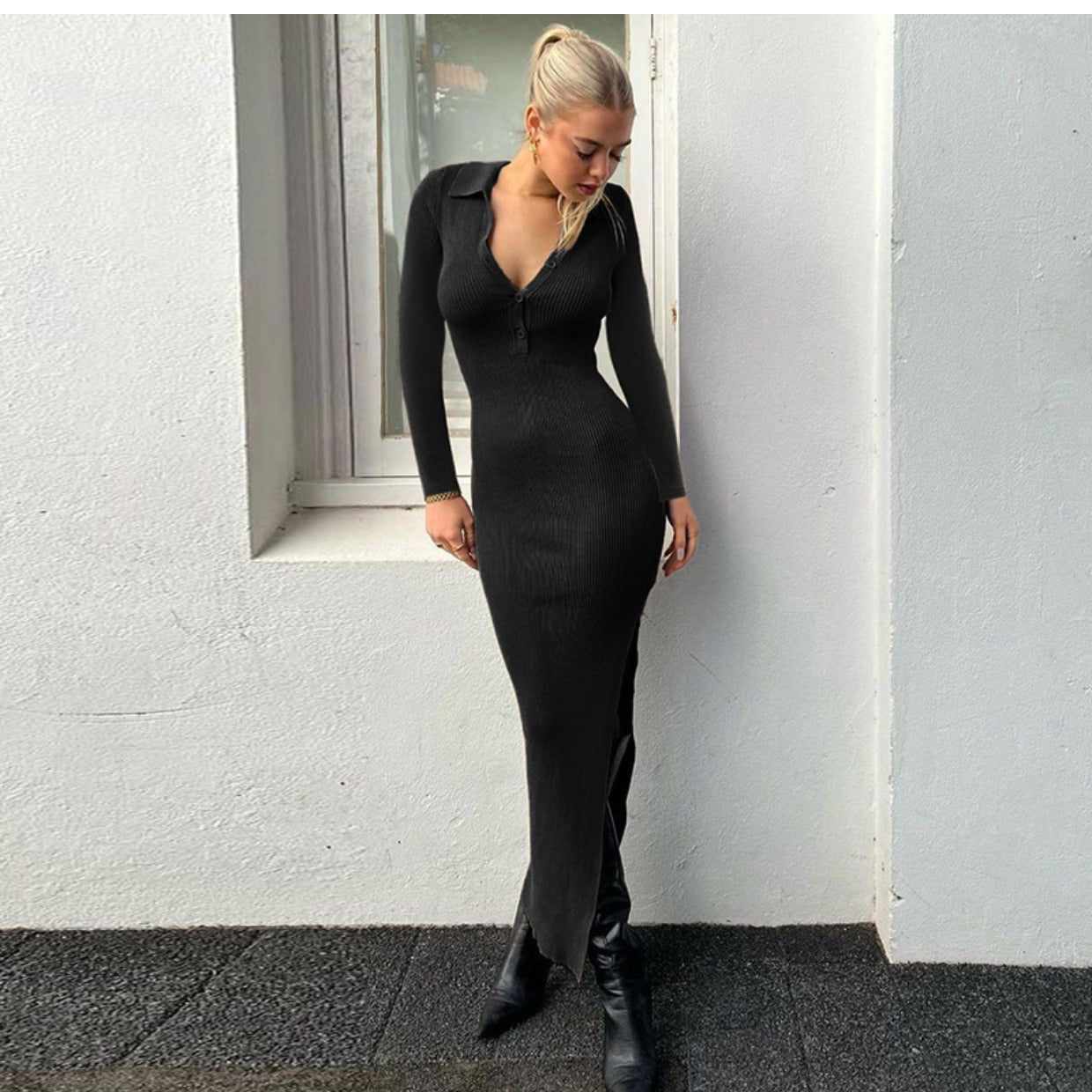 Trendy Autumn Winter Women  Sexy Slim Polo Collar Rib Slit Dress