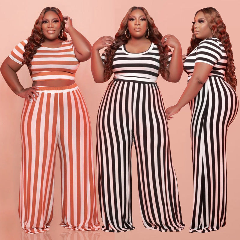 Striped Street Casual Suit Plus Size Women Two-Piece Suit